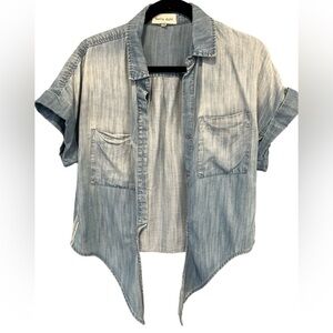 Bella Dahl Women Tie-Front Denim Collared Shirt With Pockets Tie Dye Blue